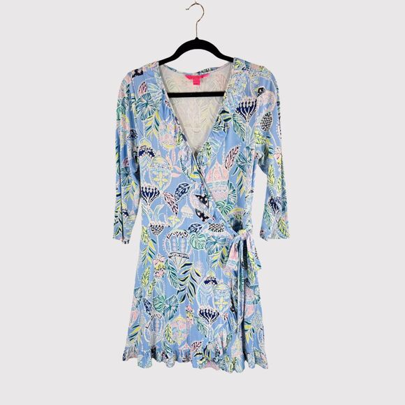 Lilly Pulitzer Blue Jessalynne Romper Wrap Mini Floral Ruffle Stretch Size M - Picture 2 of 12